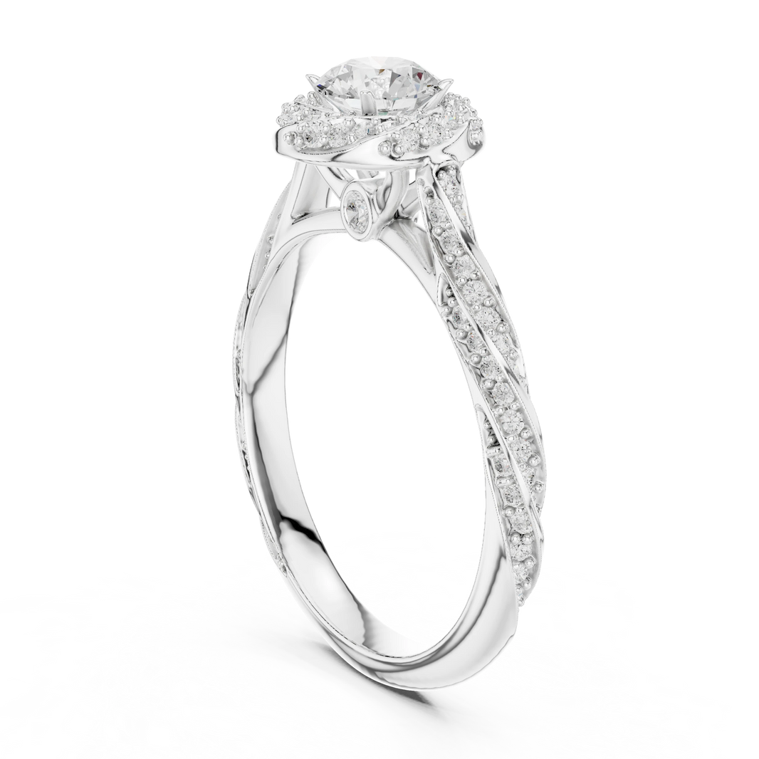 Round Halo Rope Twist Pavé Moissanite Engagement Ring in white 925 sterling silver, view 1
