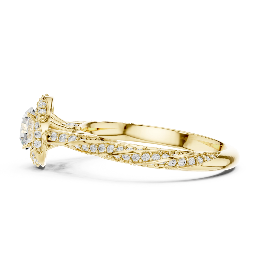 Round Halo Rope Twist Pavé Moissanite Engagement Ring in yellow 925 sterling silver, view 3