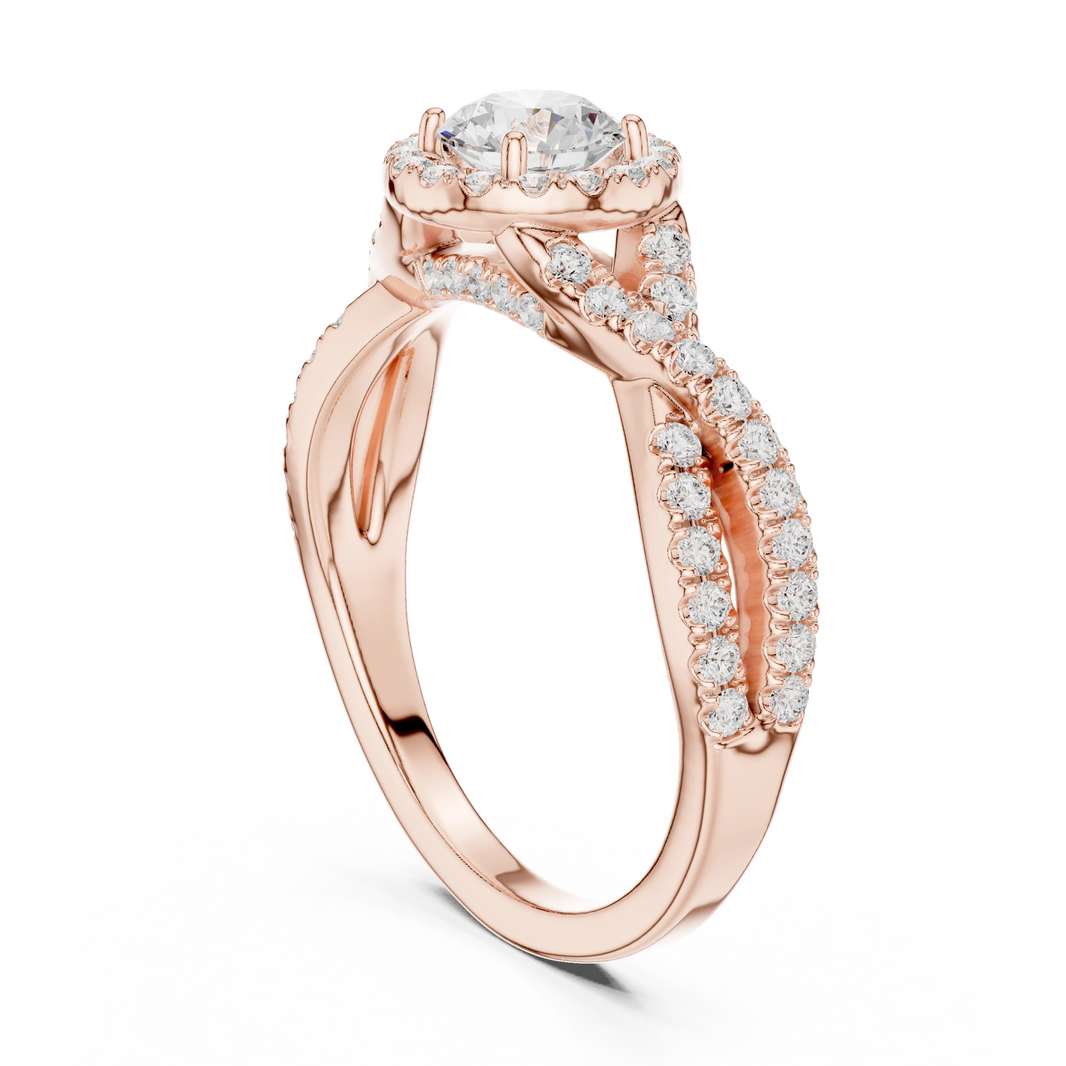 Round Halo Infinity Twist Pavé Moissanite Engagement Ring in rose 925 sterling silver, view 1