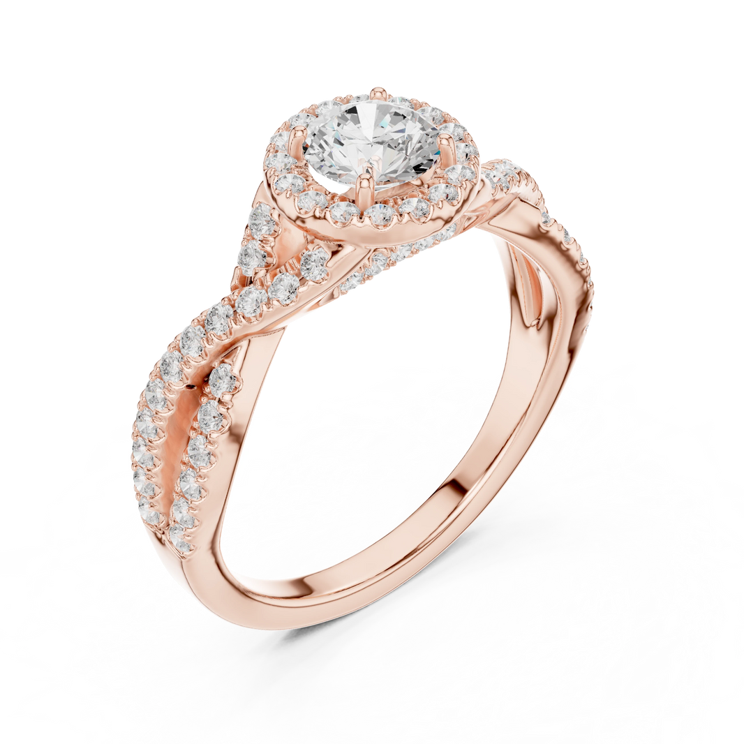 Round Halo Infinity Twist Pavé Moissanite Engagement Ring in rose 925 sterling silver, view 2
