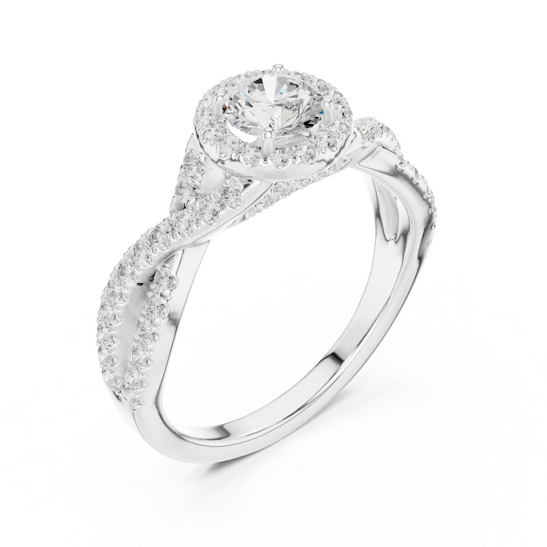 Round Halo Infinity Twist Pavé Moissanite Engagement Ring in white 925 sterling silver, view 2