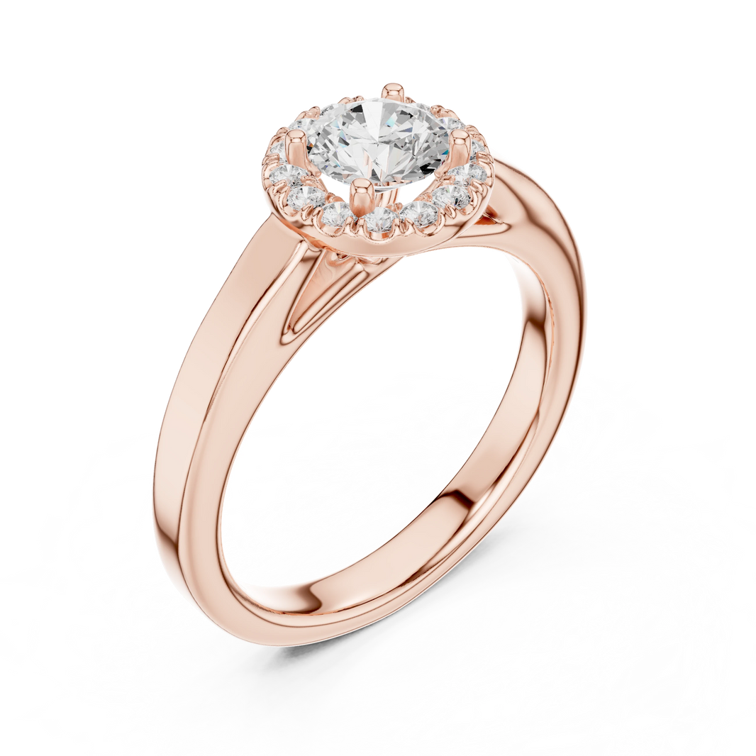 Round Halo Polished Cathedral Moissanite Engagement Ring in rose 925 sterling silver, view 2