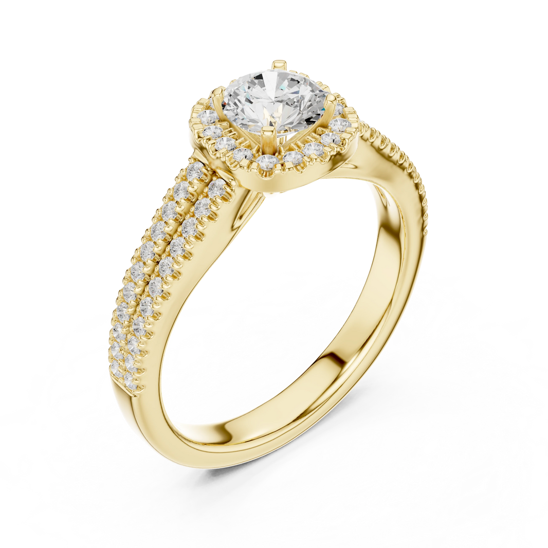 Scalloped Cushion Halo Double Row Moissanite Engagement Ring in yellow 925 sterling silver, view 2