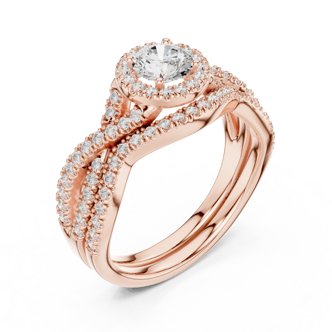 Round Halo Twisted Pavé Moissanite Bridal Ring Set in rose 925 sterling silver, view 2