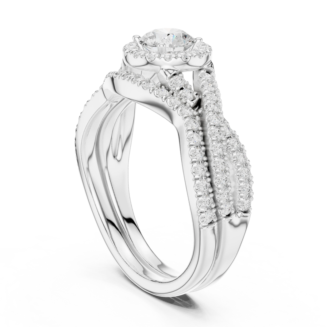 Round Halo Twisted Pavé Moissanite Bridal Ring Set in white 925 sterling silver, view 1