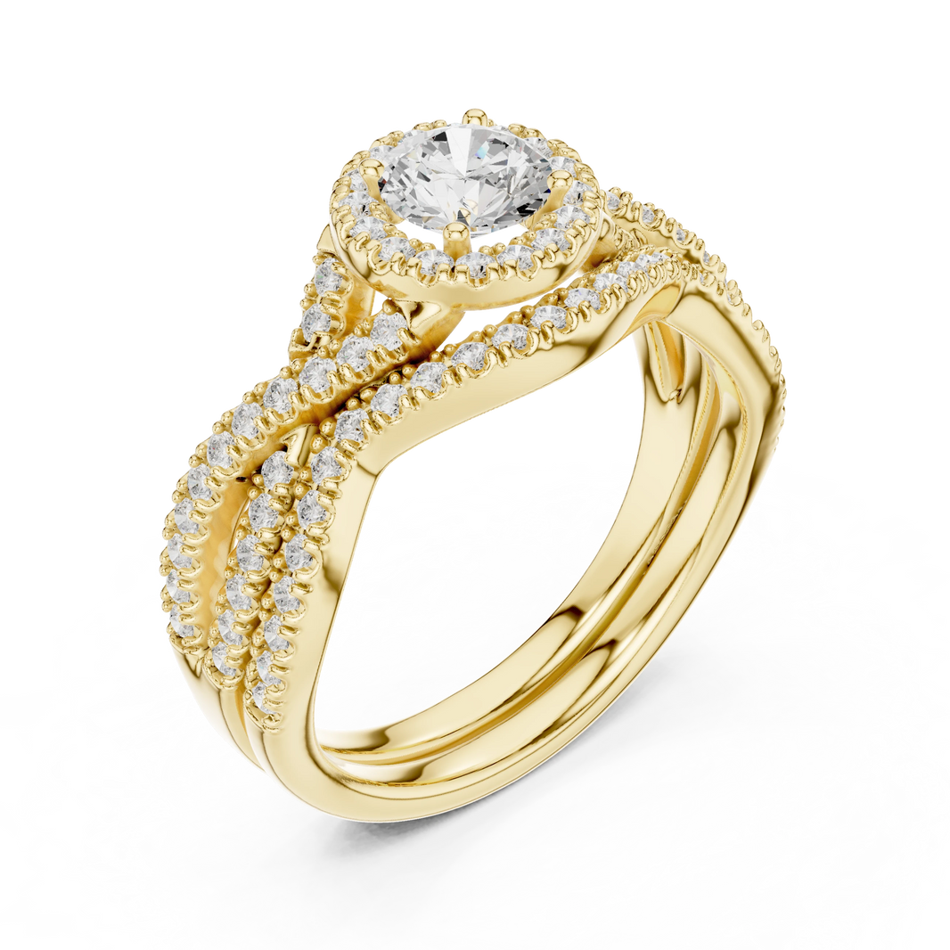 Round Halo Twisted Pavé Moissanite Bridal Ring Set in yellow 925 sterling silver, view 2