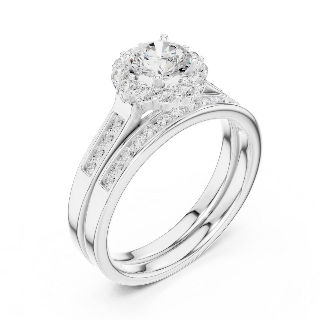 Round Cluster Halo Channel Set Moissanite Bridal Ring Set in white 925 sterling silver, view 2