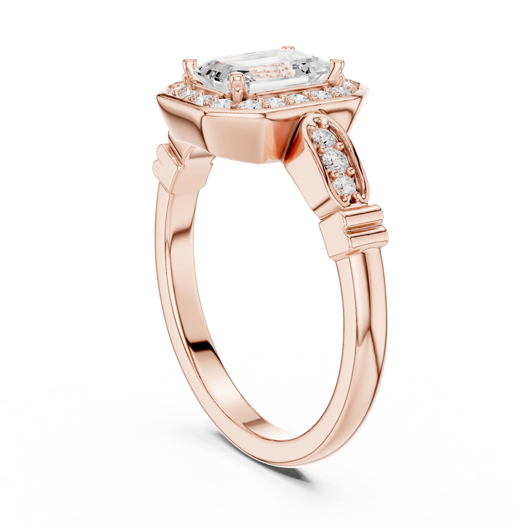 Emerald Cut Octagon Halo Art Deco Moissanite Engagement Ring in rose 925 sterling silver, view 1