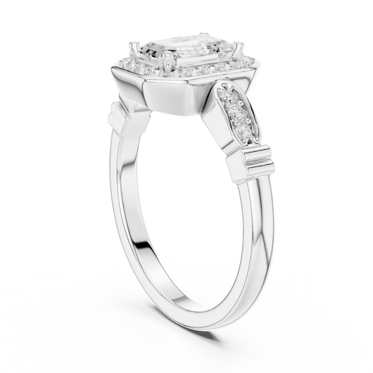 Emerald Cut Octagon Halo Art Deco Moissanite Engagement Ring in white 925 sterling silver, view 1