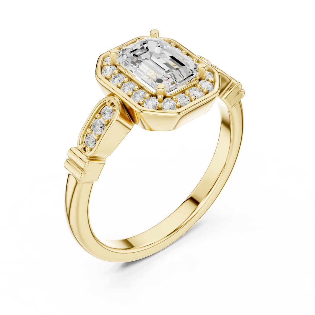 Emerald Cut Octagon Halo Art Deco Moissanite Engagement Ring in yellow 925 sterling silver, view 2