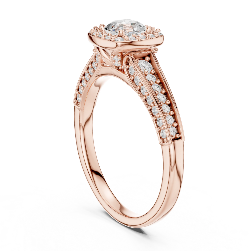 Asscher Cut Halo Split Shank Moissanite Engagement Ring in rose 925 sterling silver, view 1