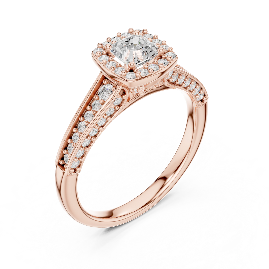 Asscher Cut Halo Split Shank Moissanite Engagement Ring in rose 925 sterling silver, view 2