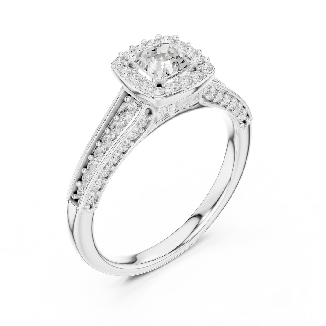 Asscher Cut Halo Split Shank Moissanite Engagement Ring in white 925 sterling silver, view 2