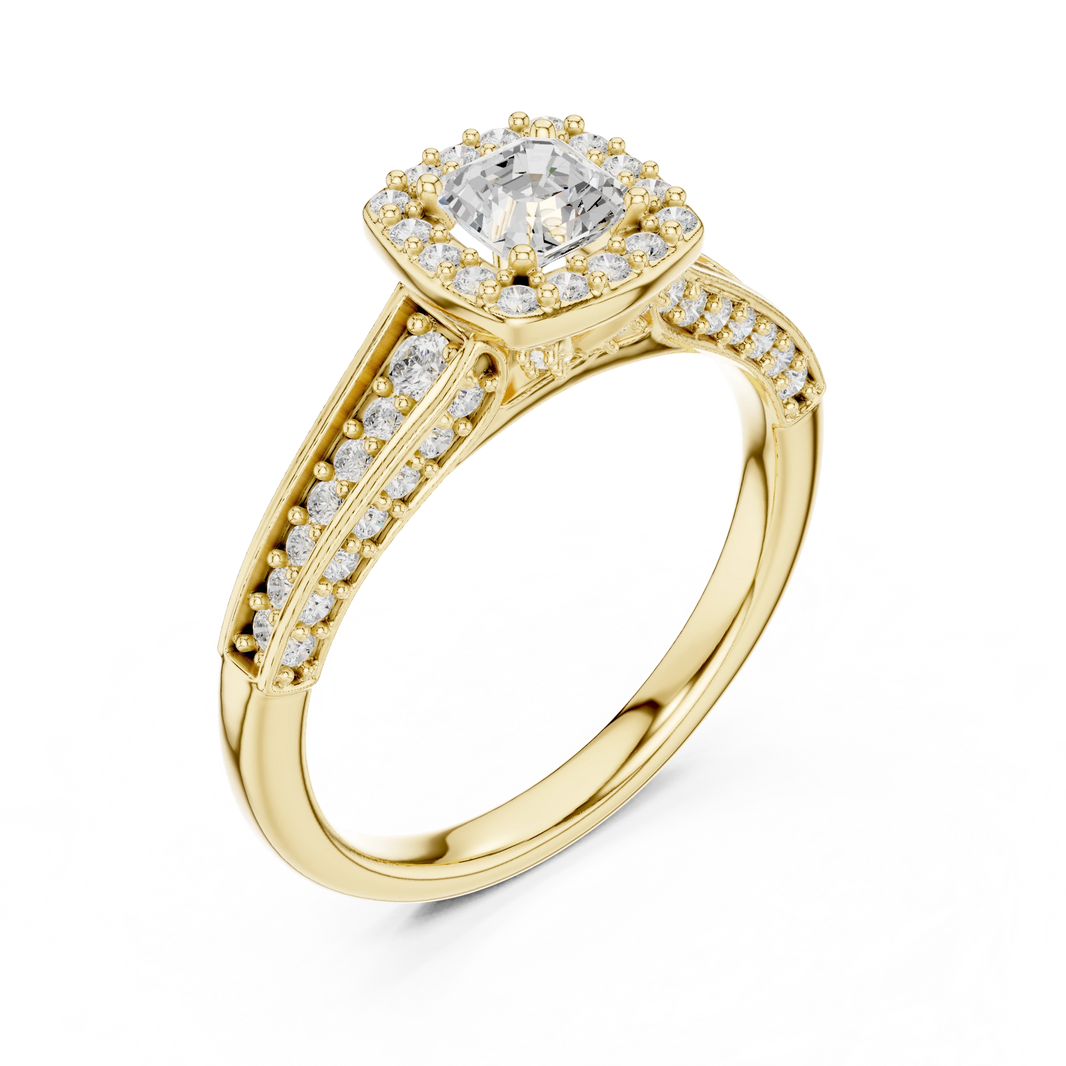 Asscher Cut Halo Split Shank Moissanite Engagement Ring in yellow 925 sterling silver, view 2