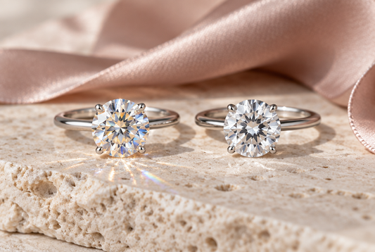 Two round solitaire engagement rings side by side