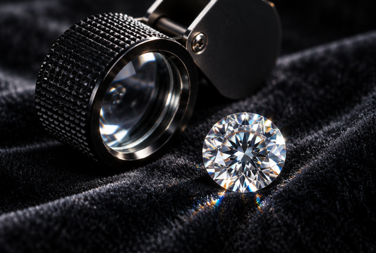 Clear moissanite beside a jeweler's loupe