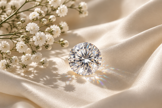 Loose round brilliant moissanite on ivory silk