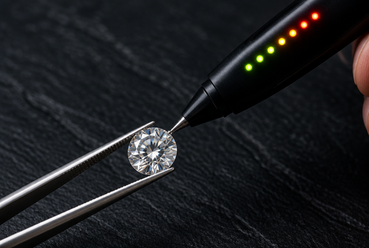 Gemstone tester pen touching a loose moissanite