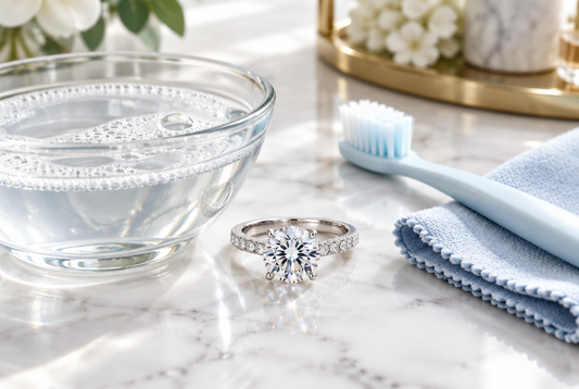 Moissanite ring beside warm soapy water and a soft brush