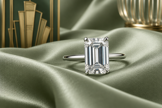 Emerald cut moissanite solitaire on sage silk