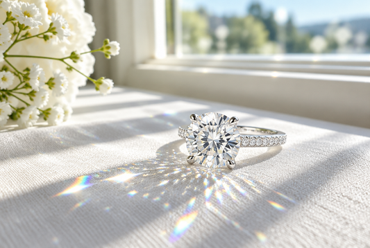 Bright moissanite ring casting rainbow sparkles