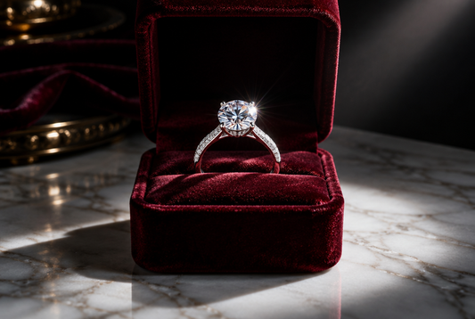 Moissanite ring in an open burgundy velvet box