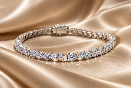 Moissanite tennis bracelet on champagne silk