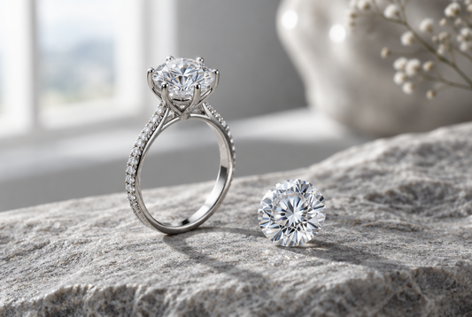 Moissanite solitaire ring beside a loose moissanite