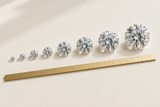 Loose moissanite stones in graduating sizes beside a ruler