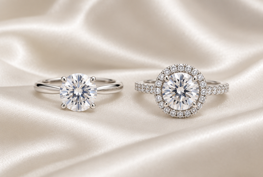 Round solitaire and round halo moissanite rings side by side