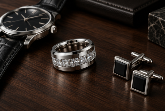 Men's channel-set moissanite band on walnut wood