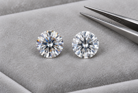Two loose brilliant gemstones side by side on grey velvet
