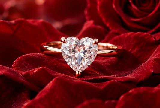Heart shaped moissanite ring on red rose petals