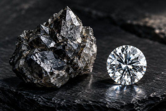 Rough silicon carbide crystal beside a polished moissanite