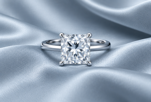 Princess cut moissanite solitaire ring on blue-grey silk