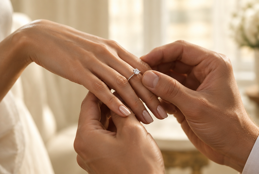 Hands placing a dainty moissanite promise ring