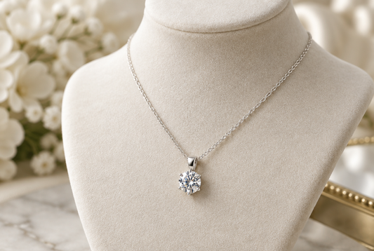 Moissanite solitaire pendant on an ivory velvet display