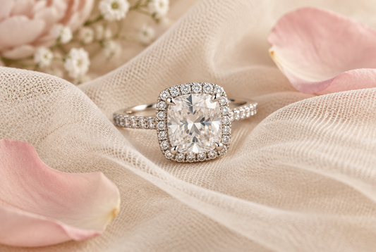 Cushion cut moissanite halo ring on ivory tulle
