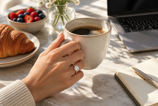 Hand wearing a moissanite solitaire holding a coffee cup