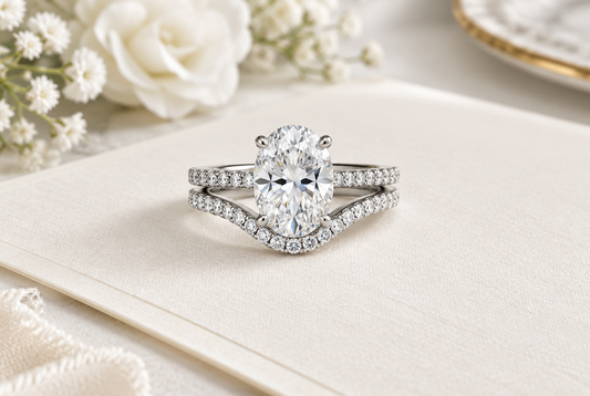 Oval moissanite bridal set on an ivory card