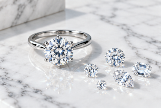 Moissanite solitaire ring with loose gemstones on marble