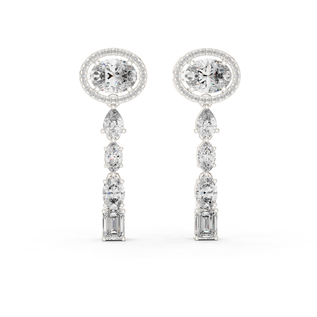 Oval Halo Mixed Shape Moissanite Line Drop Earrings in white 925 sterling silver, view 1
