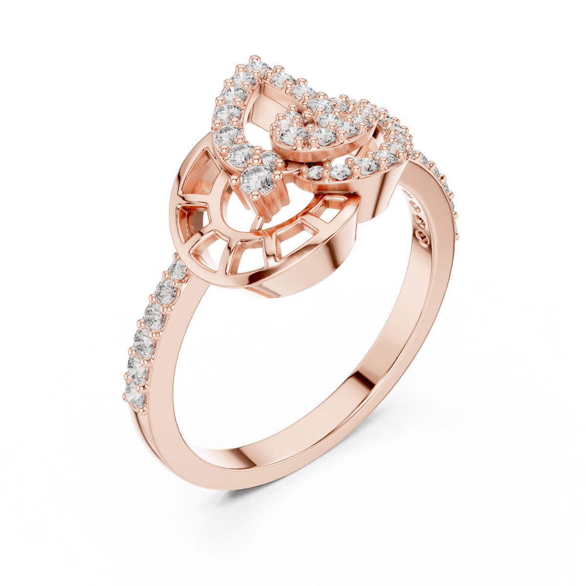 Pavé Leaf and Nautilus Swirl Moissanite Ring in rose 925 sterling silver, view 2