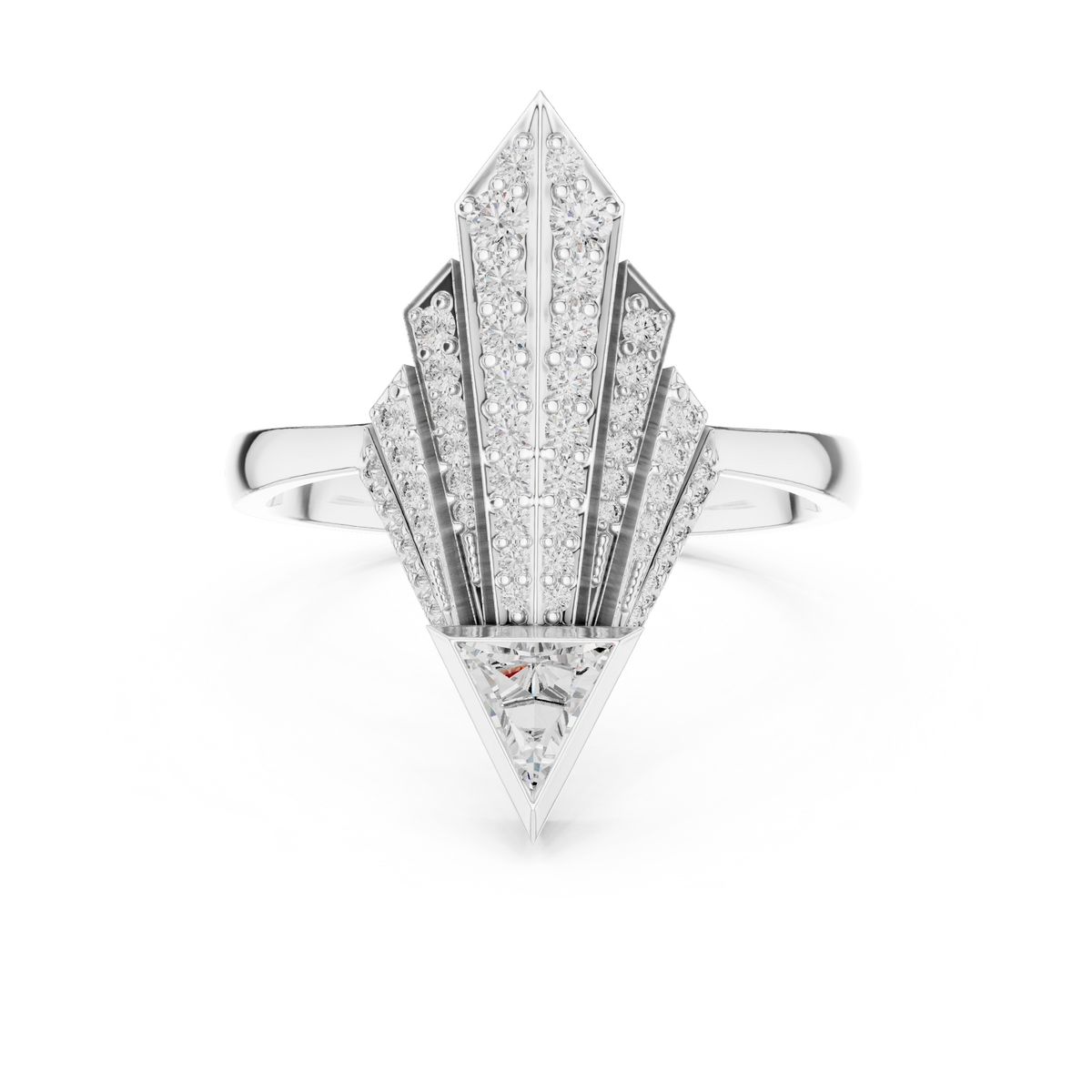 Art Deco Pavé Fan Moissanite Shield Ring in white 925 sterling silver, view 4