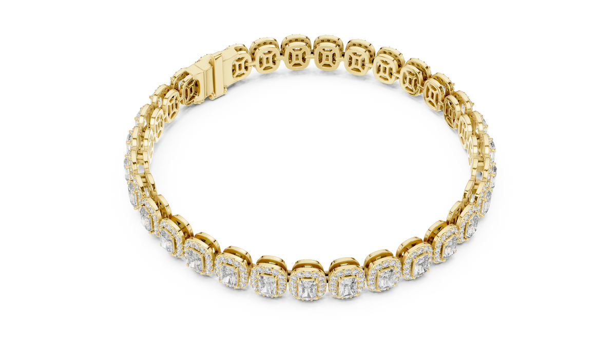 Radiant Cut Halo Moissanite Tennis Bracelet in yellow 925 sterling silver, view 3