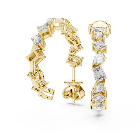 Mixed shape moissanite front hoop earrings in yellow 925 sterling silver, view 1