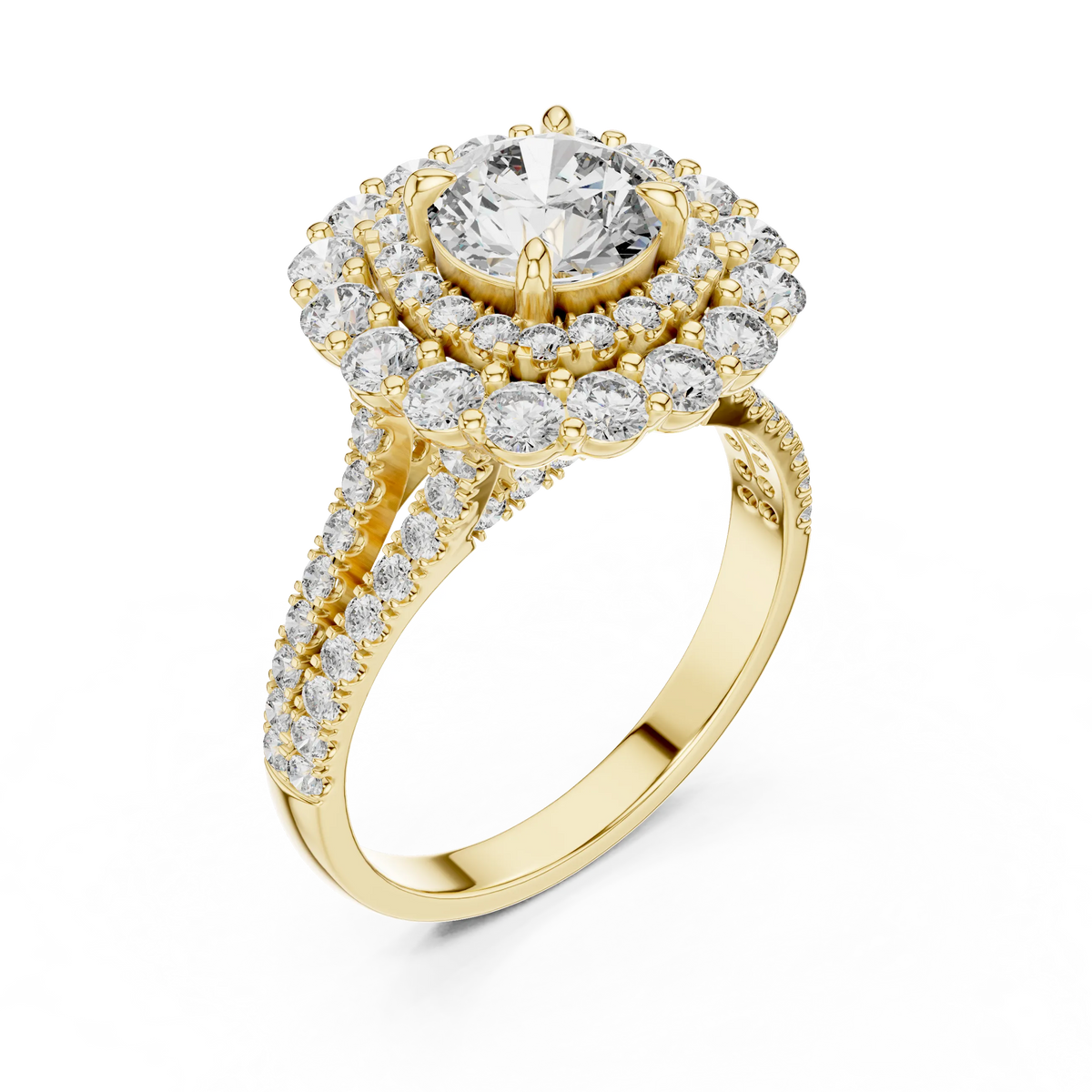 Round Cluster Halo Moissanite Engagement Ring in yellow 925 sterling silver, view 2