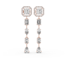 Princess Halo Mixed Shape Moissanite Line Drop Earrings in rose 925 sterling silver, view 1