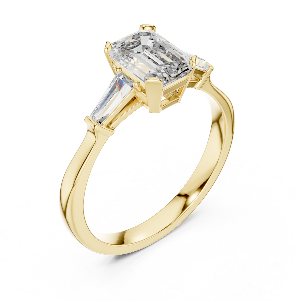 Emerald Cut Moissanite Ring with Tapered Baguette Sides in yellow 925 sterling silver, view 2
