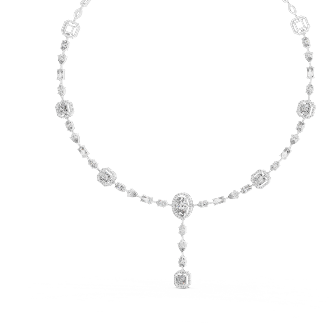 Halo Emerald Station Y Drop Necklace in white 925 sterling silver, view 2